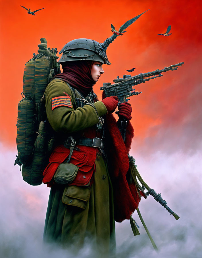 Stylized soldier in green and red military attire under dramatic red sky