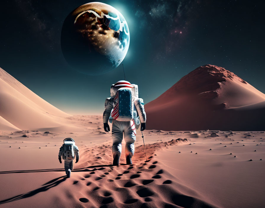 Astronaut and robot explore Mars-like landscape with Earth in sky