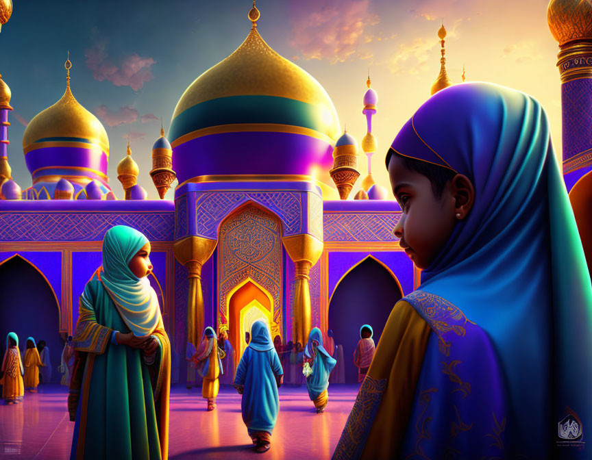 Digital artwork showcasing two women in traditional attire against colorful Middle Eastern architecture at dusk
