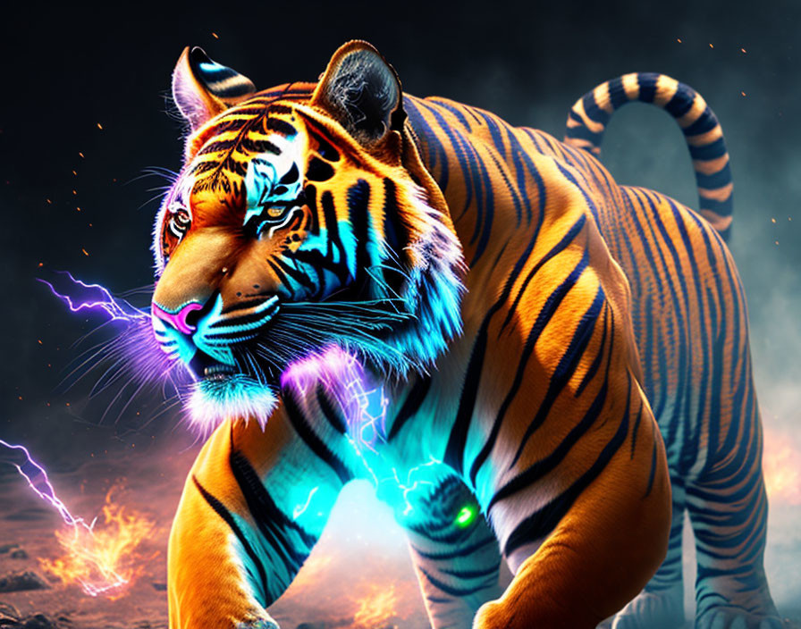 Digital Artwork: Tiger with Glowing Eyes and Electric Arcs on Stormy Background