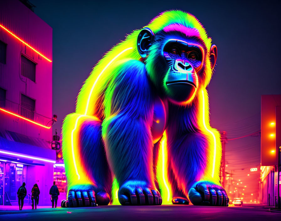 Neon-lit gorilla sculpture in urban night street