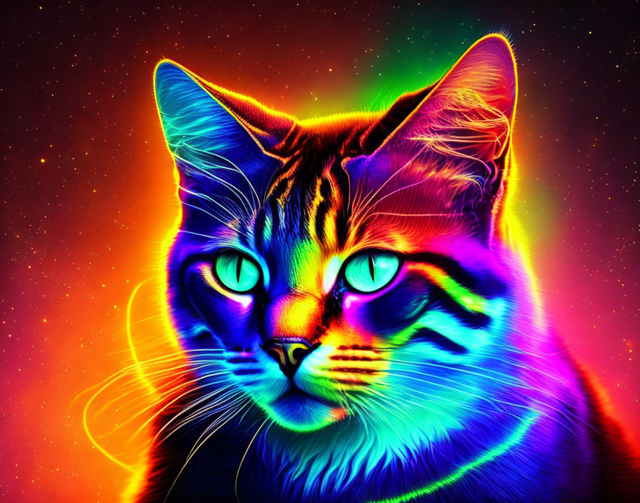Colorful Neon Cat Portrait Against Cosmic Background