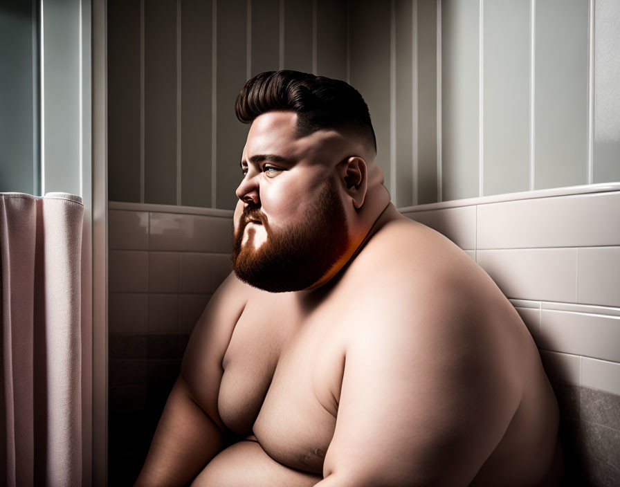 Illustration of heavyset bearded person by bathtub with contemplative expression