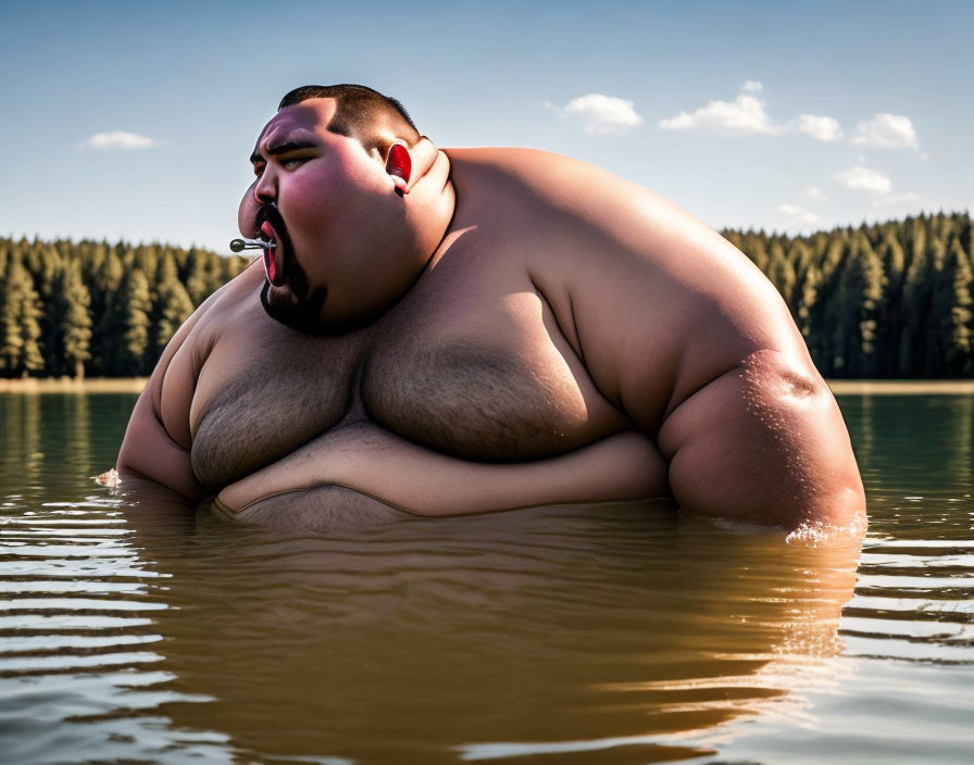 Heavyset 3D-animated character with cigar and headphones in lake scenery