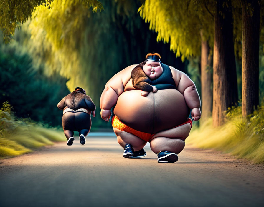 Stylized animated characters jogging on forest path