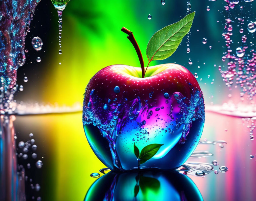 Fresh red apple with green leaf and water droplets on glossy surface