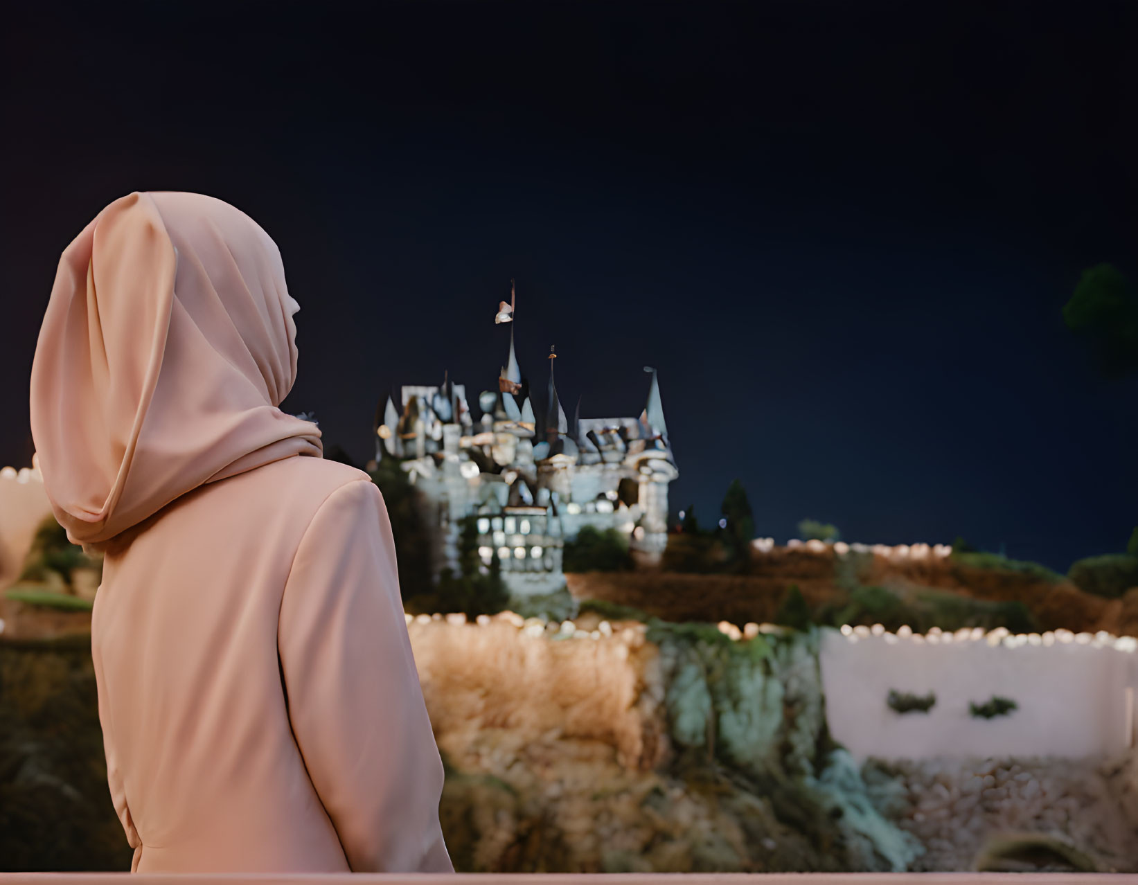 Person in pink hijab gazes at illuminated castle at night