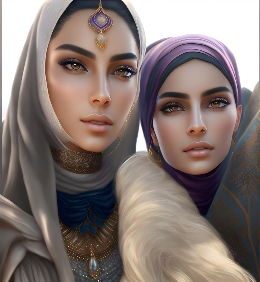 Two women in detailed makeup wearing hijabs: one grey with gold jewelry, the other purple, against