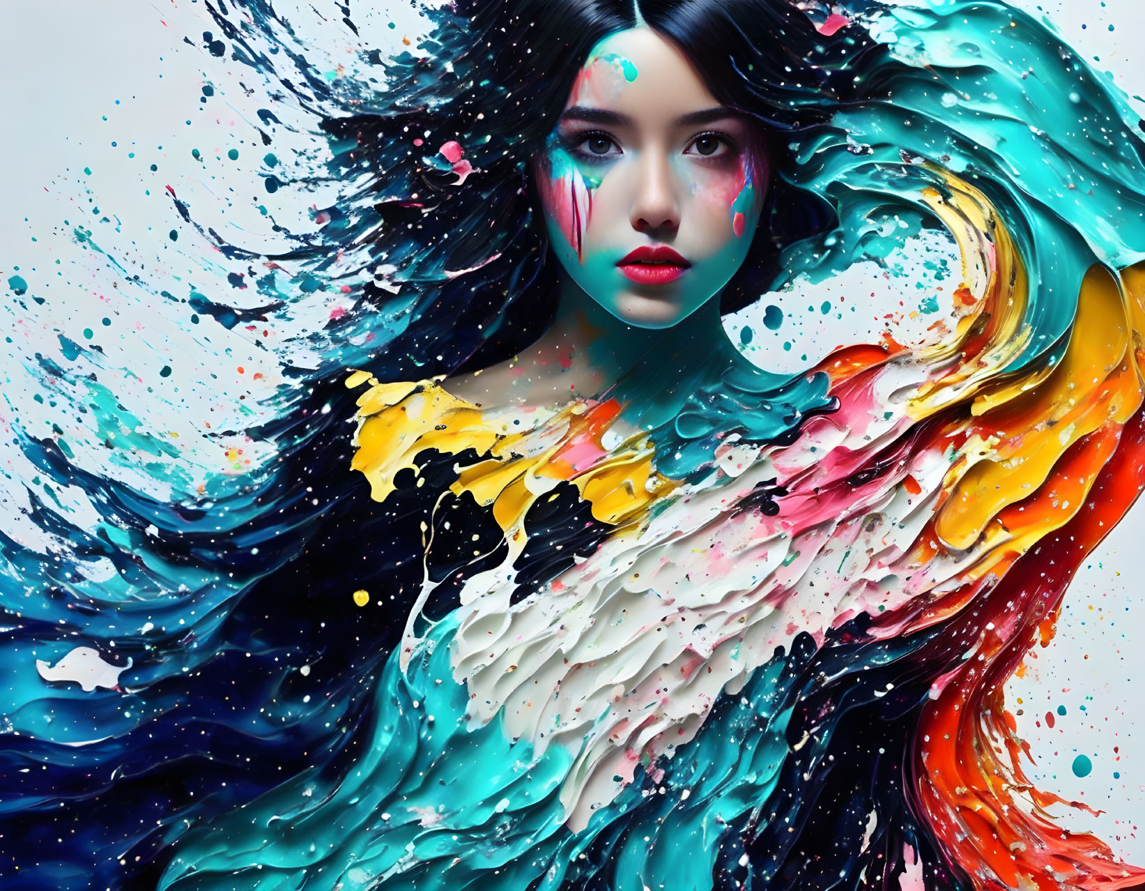 Portrait of Woman Surrounded by Multicolored Paint Splash