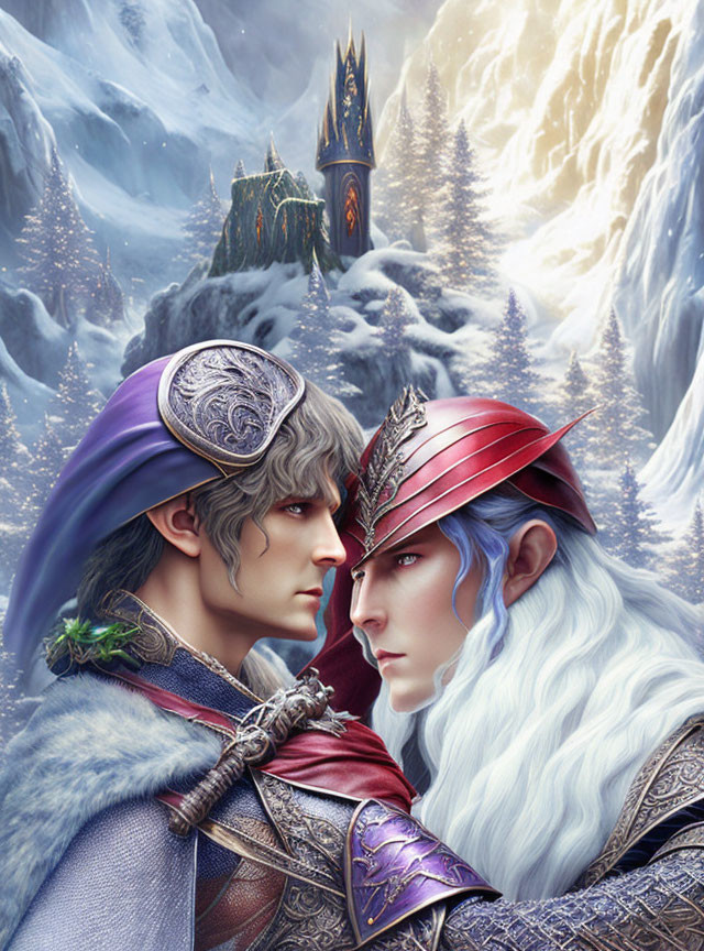 Fantasy art: Two elves in ornate armor against snowy mountain backdrop