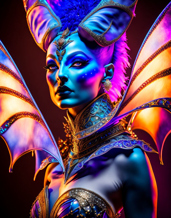 Colorful portrait of a person with blue skin and fantasy makeup, adorned with wings.