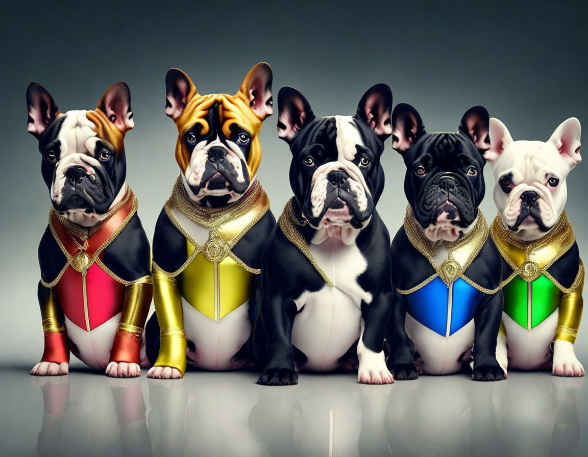 Four French Bulldogs in Colorful Superhero Costumes Against Dramatic Grey Backdrop