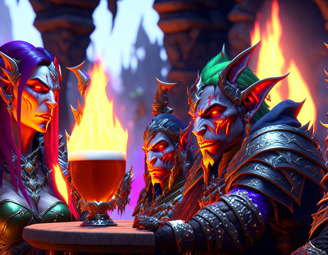 Fantasy characters with orc-like features toasting with ale in fiery Gothic setting