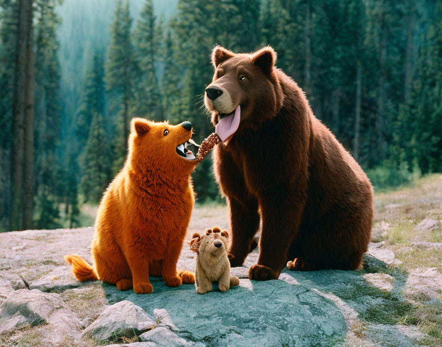 Two animated bears and a smaller gopher-like creature in a forest clearing