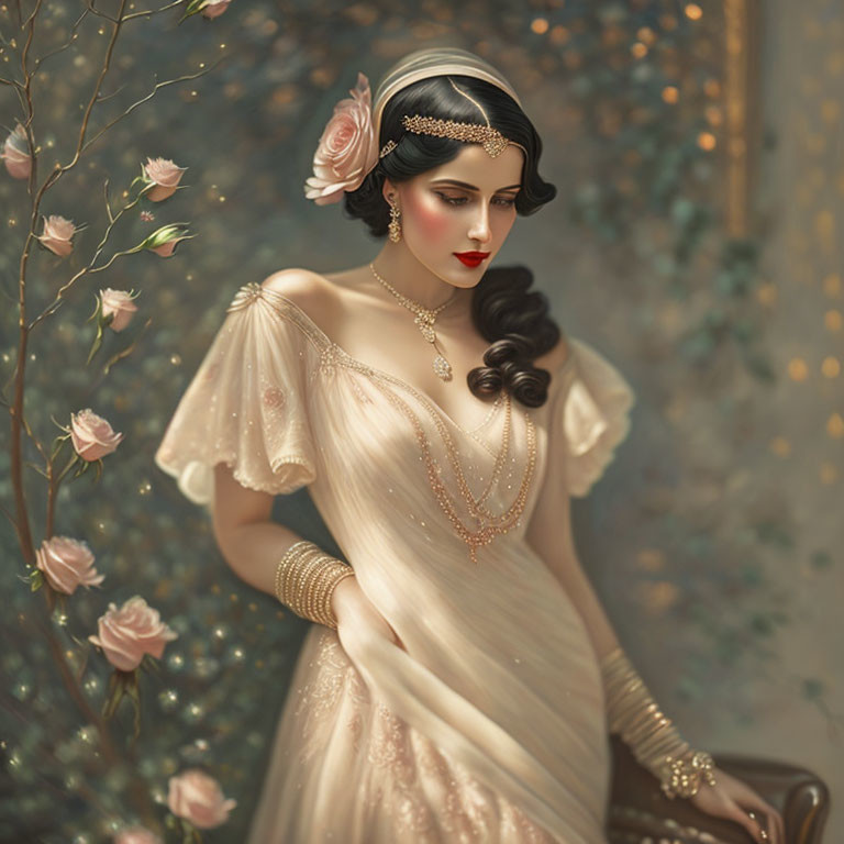 Vintage gown woman with pearls near blooming roses in romantic setting