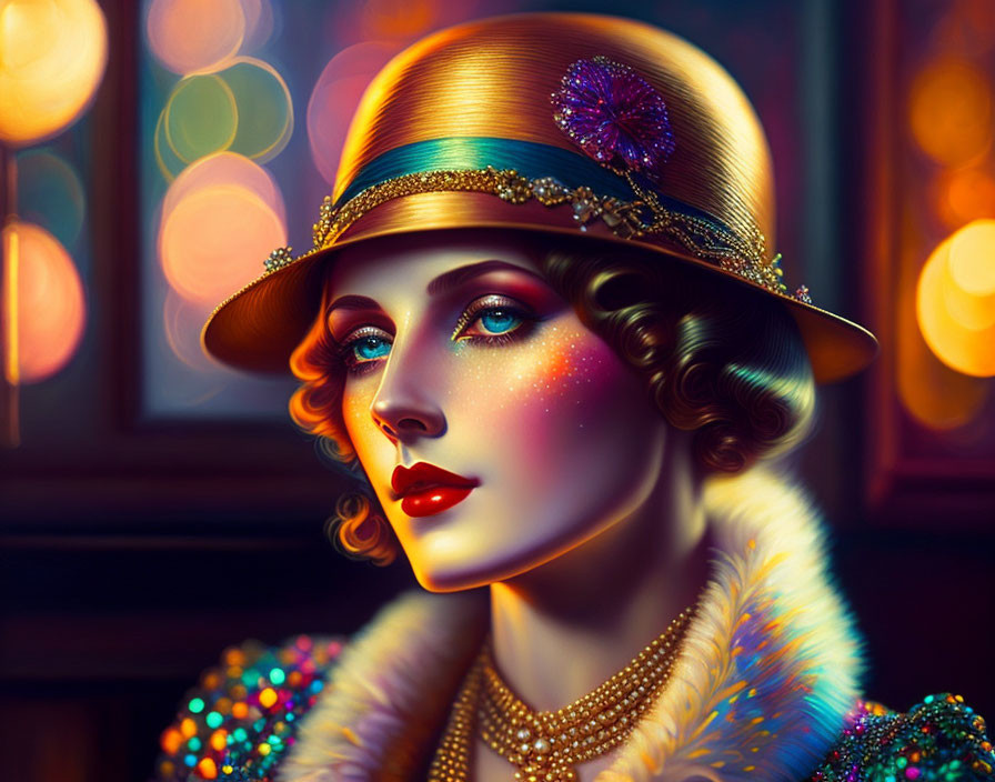 Colorful Stylized Portrait of Woman with Vibrant Makeup and Vintage Golden Hat
