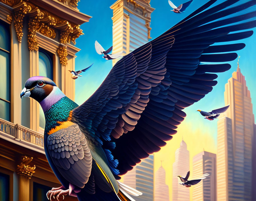 Hyper-realistic Oversized Pigeon in Flight Over Urban Skyline