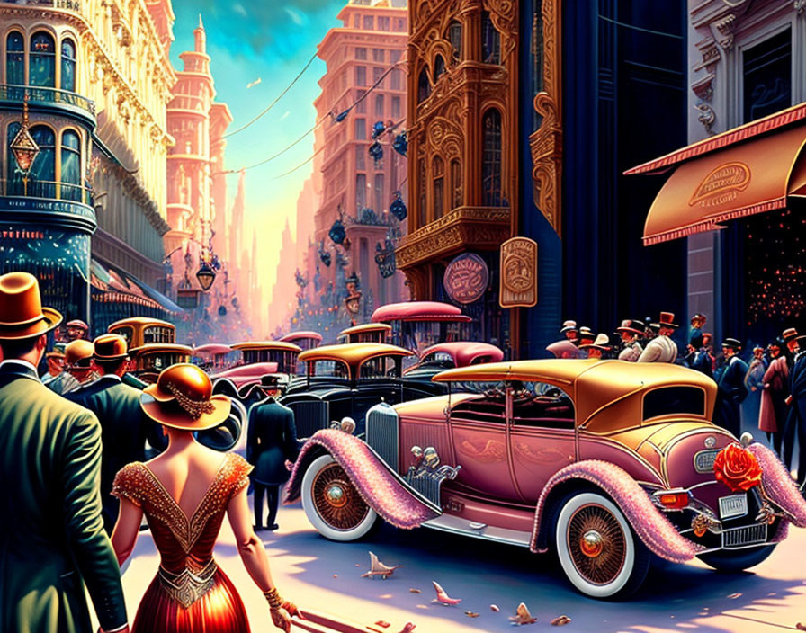 Vintage Street Scene with Classic Cars and Elegantly Dressed People