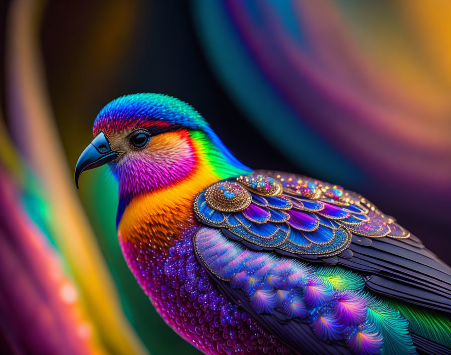 Colorful bird with iridescent purple, blue, and green feathers mimicking peacock eyes.