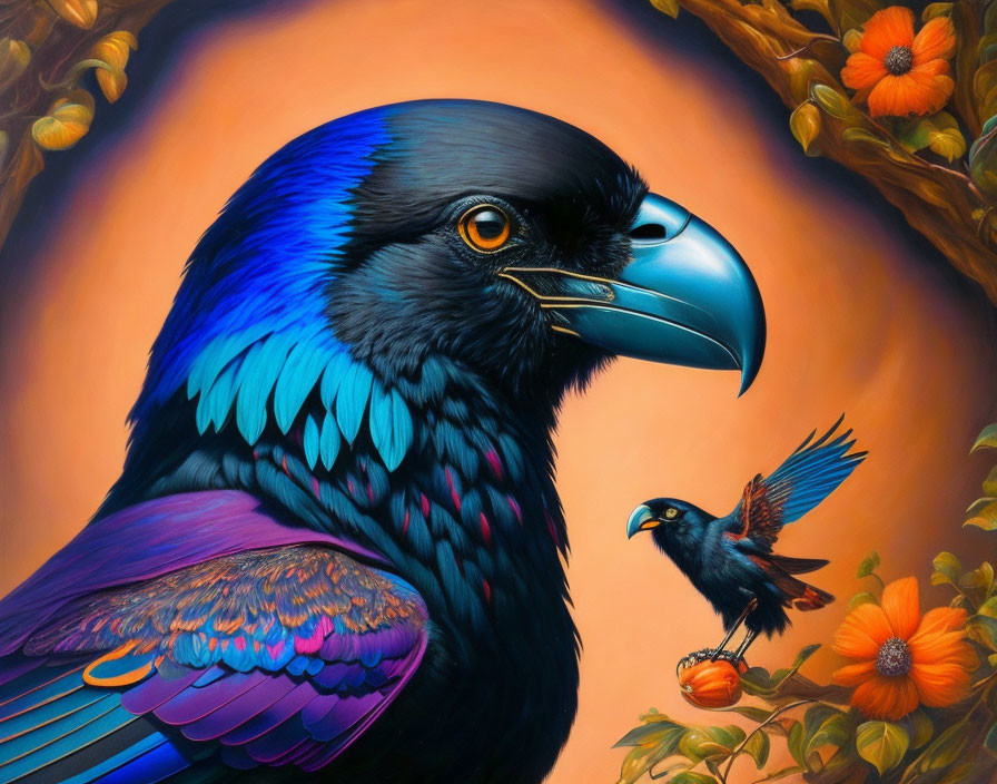 Detailed Illustration of Iridescent Raven Among Orange Blossoms