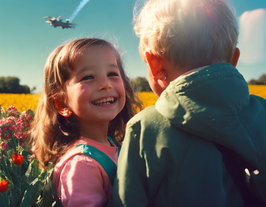 Children in flower field with plane in sunny sky