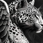 Grayscale surreal creature with leopard head and bird wings in hyper-realistic style