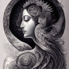 Monochrome artwork of a woman with ornate halo and feathered cloak