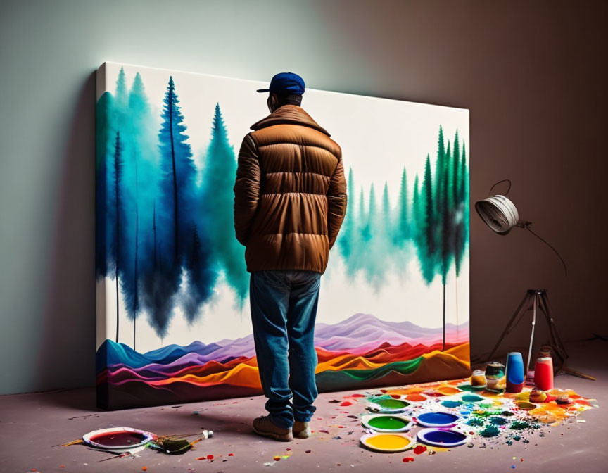 Person in Brown Jacket Admiring Vibrant Tree Painting