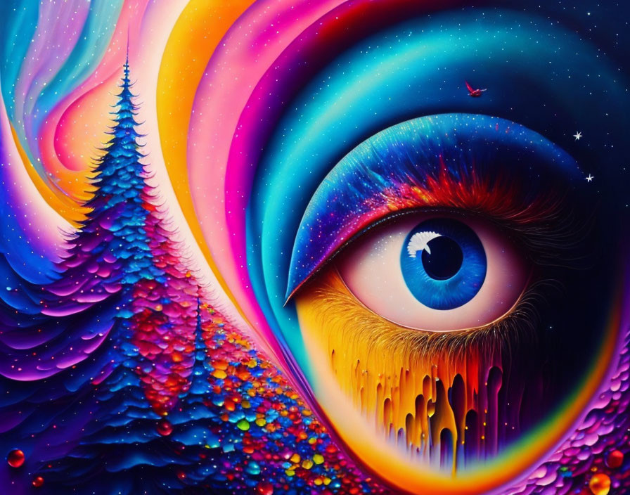 Surreal cosmic eye in vibrant colors with swirling galaxy and melting landscapes