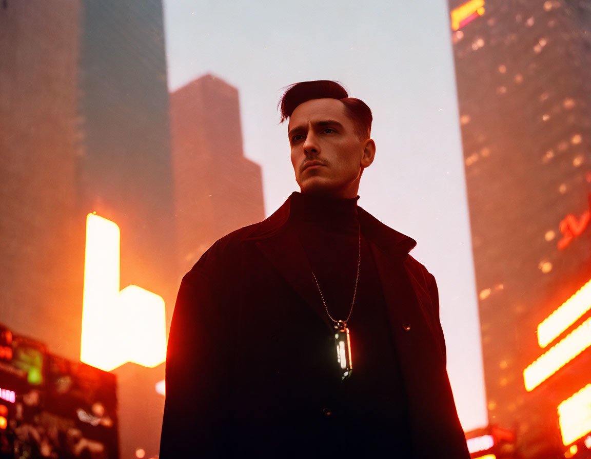 Man in Dark Coat with Slicked-Back Hair in Cityscape at Dusk