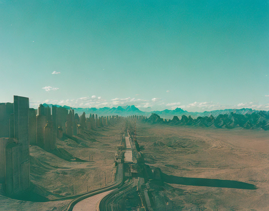 Futuristic desert landscape with towering walls and road under clear sky