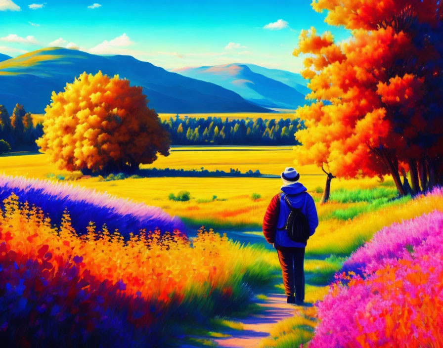 Colorful Path Through Autumn Landscape with Rolling Hills