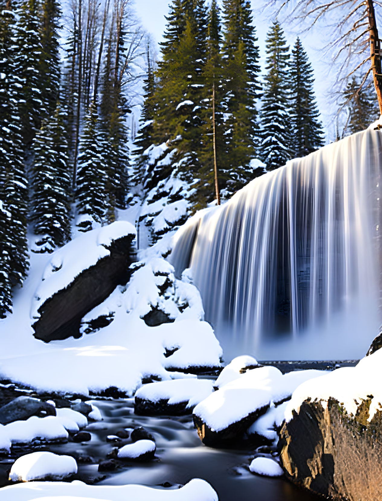 Snowy waterfall flowing into stream amidst winter scenery