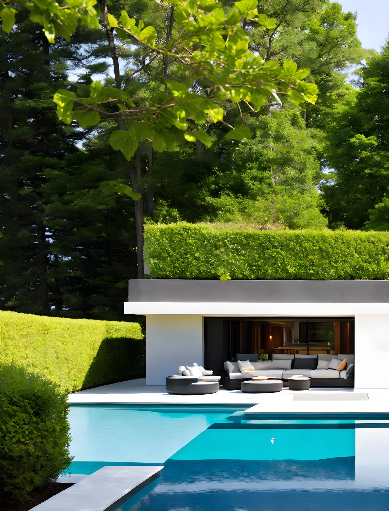 Sleek lounge by outdoor pool with manicured hedges