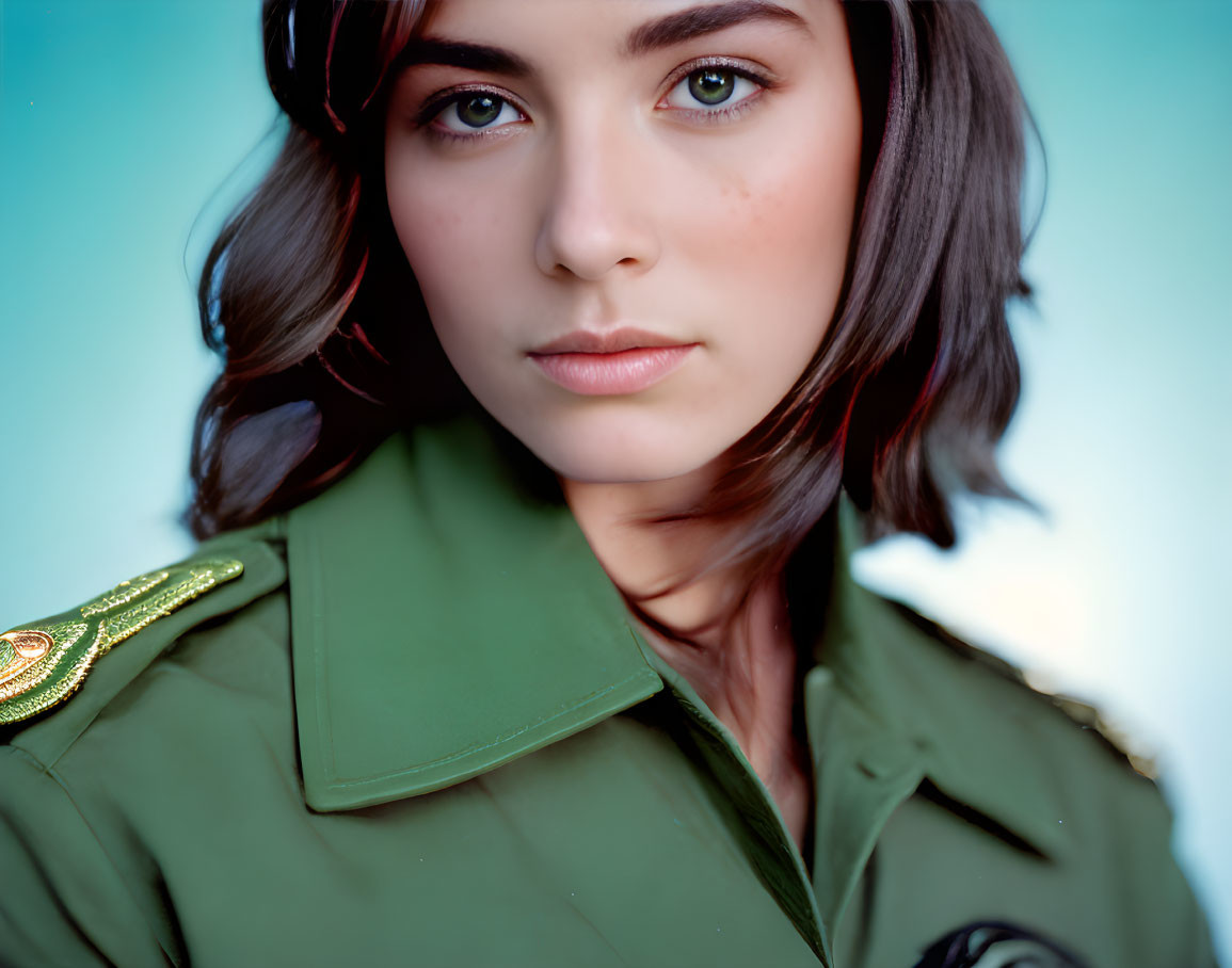 Brown-haired woman in green military uniform with gold epaulettes staring at camera