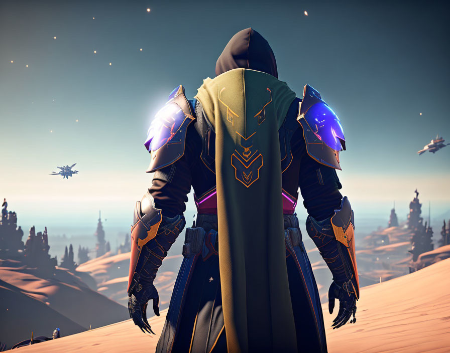 Futuristic character in glowing shoulder armor with floating spaceships in desert landscape