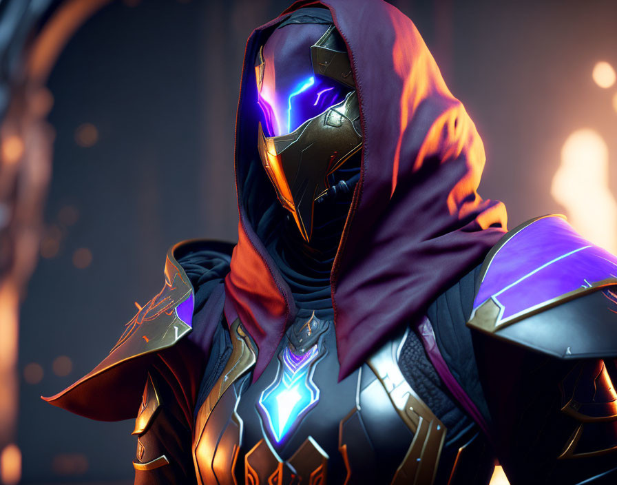 Futuristic knight in glowing purple armor against orange backdrop