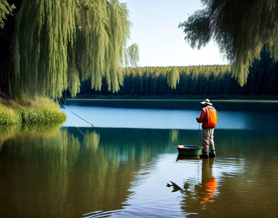 Person in hat and orange vest fishing in serene lake with trees and willow.