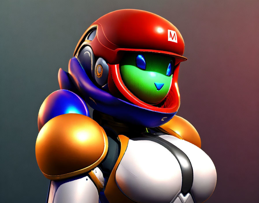 Digital artwork of Samus Aran in Metroid helmet with red "M" reminiscent of Mario.