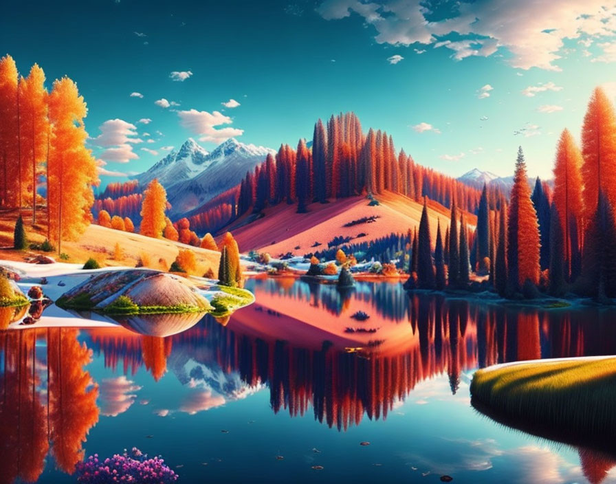 Autumnal forest with lake reflection, snow-capped mountains, blue sky