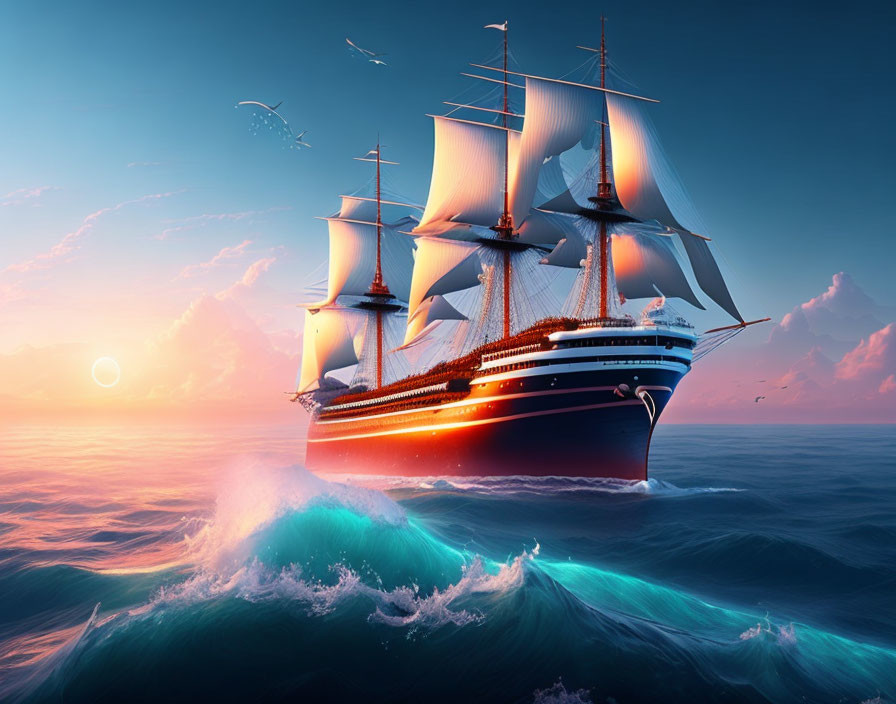 Sailing ship with white sails on blue ocean at sunset