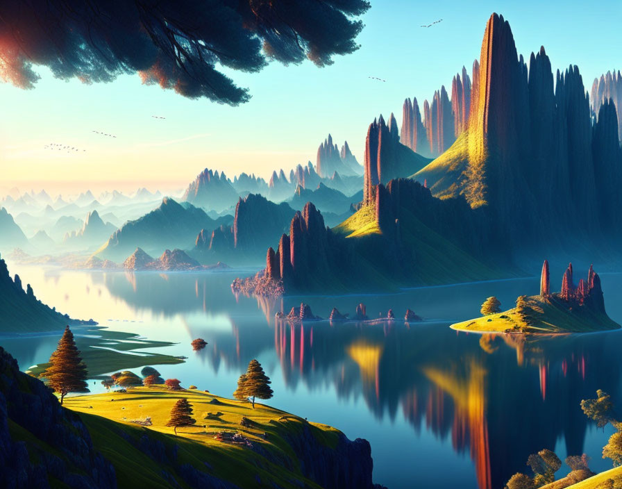 Fantasy landscape with rock spires, reflective lake, lush greenery, and vibrant sunset.