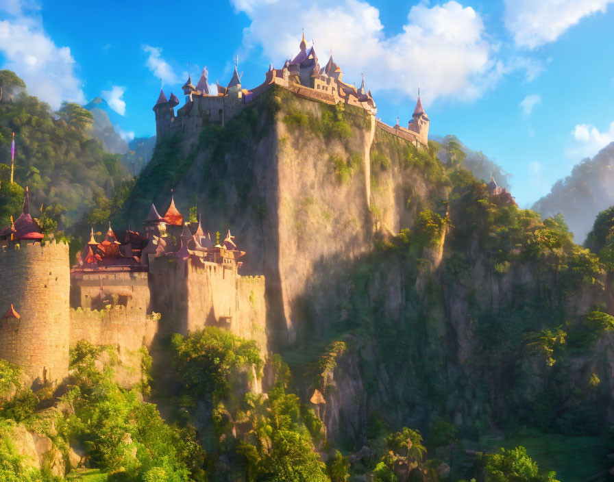 Majestic castle on steep cliff in golden sunlight