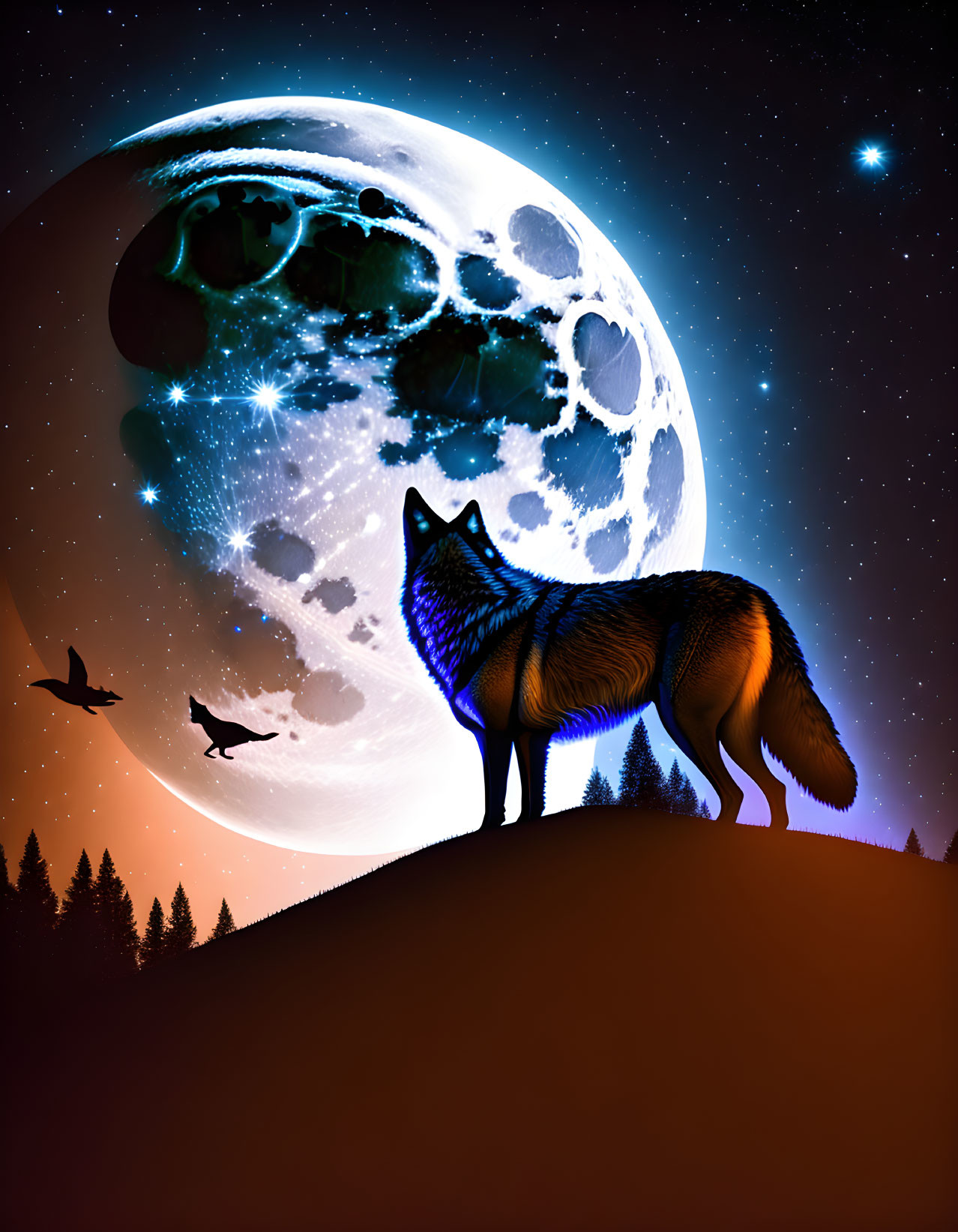 Wolf wining to moon