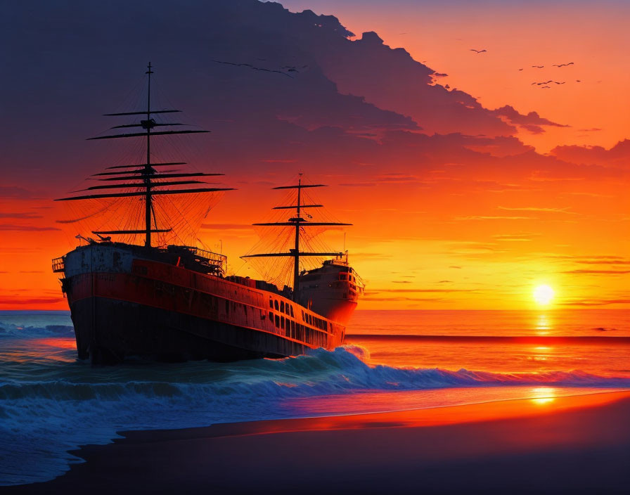 Seashore + abounded ship sunset