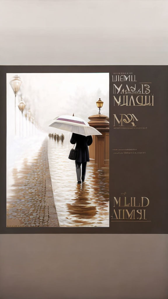 Stylized illustration of person with umbrella on wet promenade