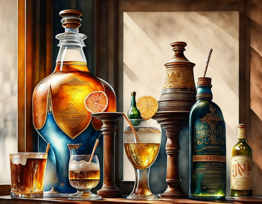 Assorted liquor bottles and glasses with citrus garnishes in warm sunlight