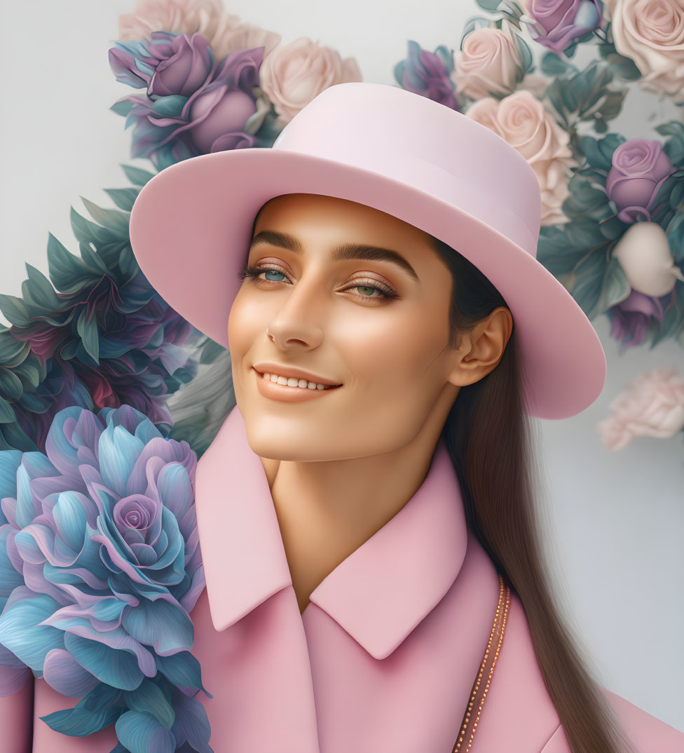 Smiling woman in pink hat and coat with pastel roses and succulents.