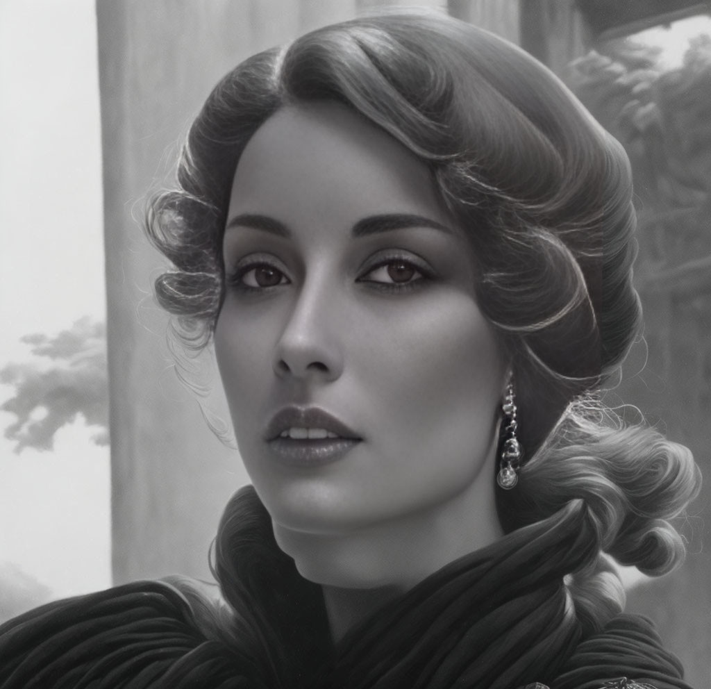 Monochrome portrait of woman with vintage hairstyles and earrings