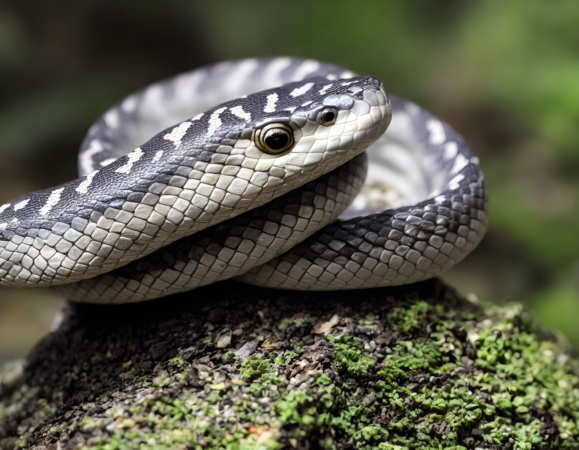 Curled-up gray snake with black patterns on moss-covered rock